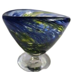 Hand Blown Art Glass Bowl Footed Blue Green Swirl Small 3"